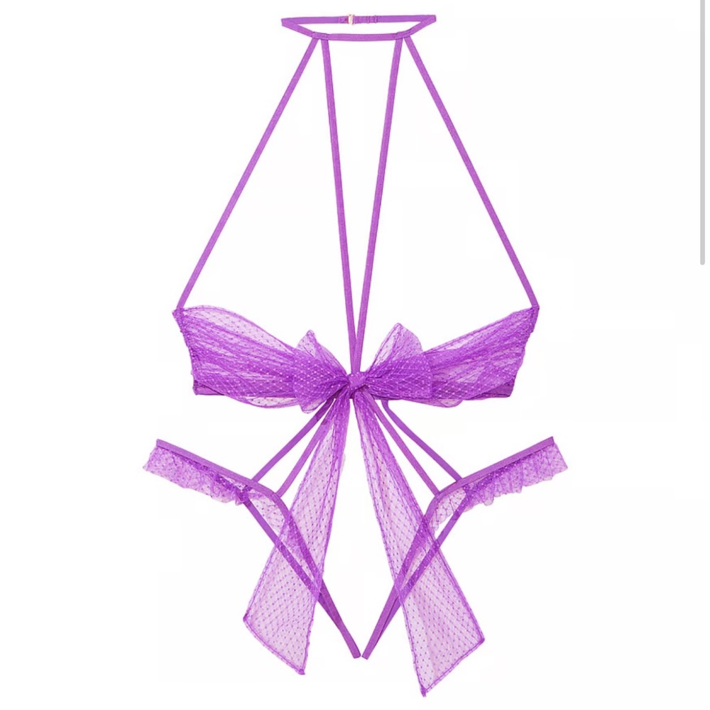 Victoria’s Secret Purple Very Sexy Bow Mesh Open-Cup Crotchless Playsuit NEW - Picture 2 of 10